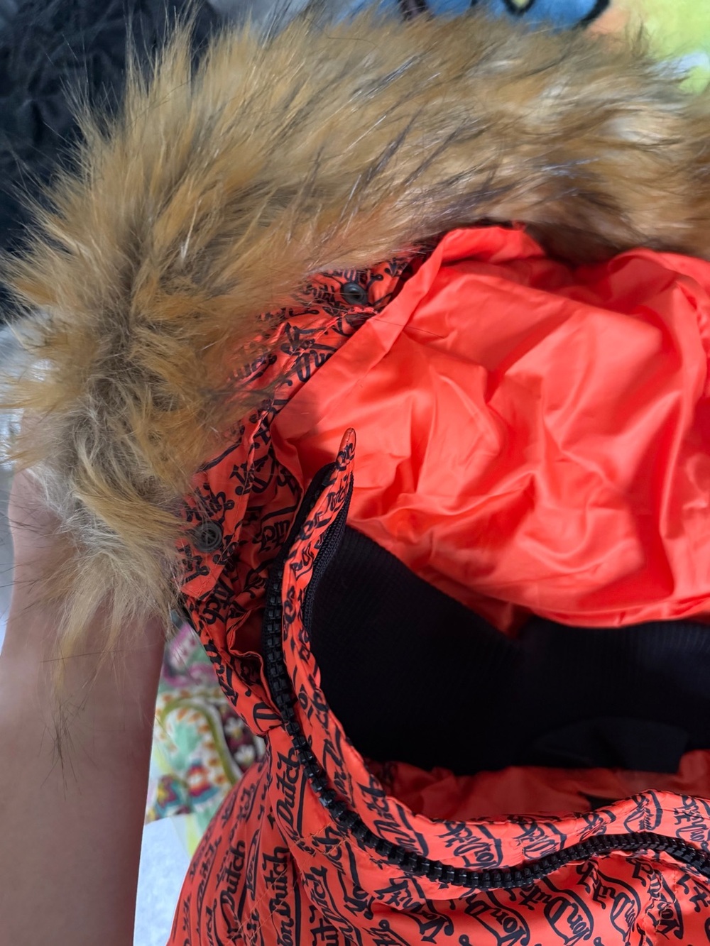 Von Dutch Orange All-Over Logo Puffer Jacket with Fur-Trim Hood - Picture 5 of 7